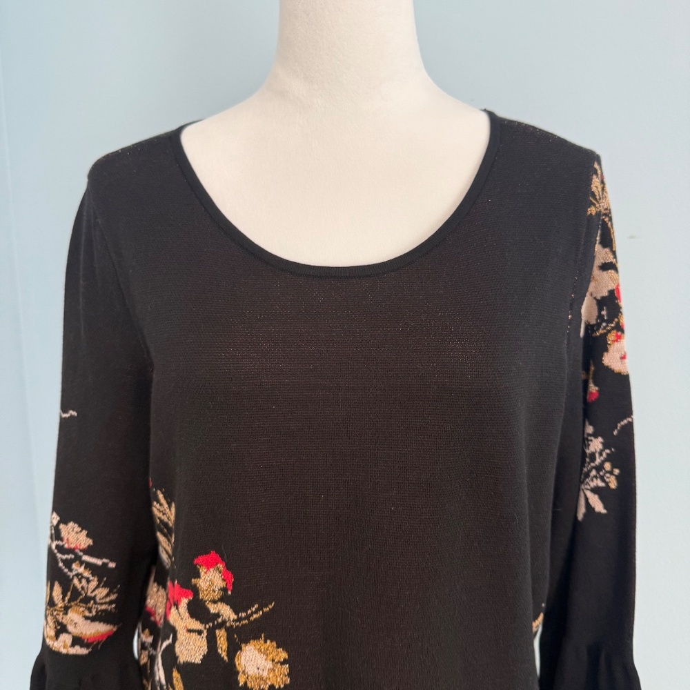 Chicos 2 Floral Sweater Womens Size Large Black 100% Cotton Jacquard Bell Sleeve - Picture 2 of 9